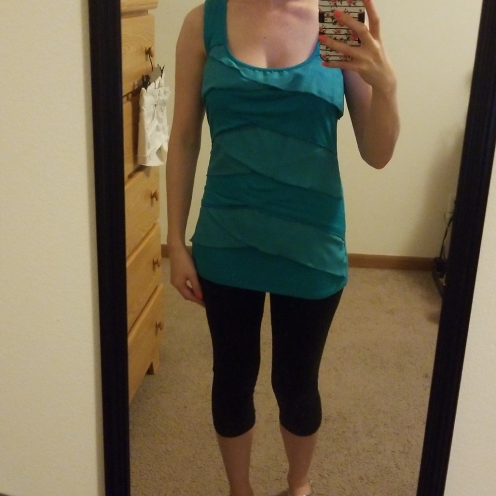 Teal blue, ruffled tank top. perfect with leggings